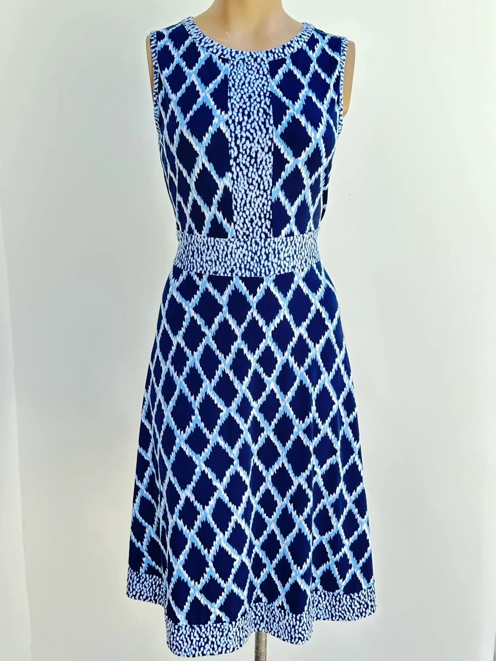 Michael Kors Navy and White Sleeveless Fit-&-Flare Midi Dress